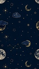 Seamless celestial pattern with hand-drawn moons, stars, constellations, and clouds, deep navy background, gold accents, magical and dreamy theme