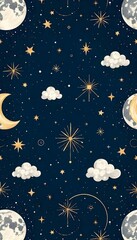 Naklejka premium Seamless celestial pattern with hand-drawn moons, stars, constellations, and clouds, deep navy background, gold accents, magical and dreamy theme
