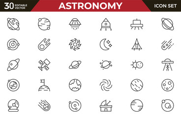 Astronomy Space and Technology line icon set. It contains satellites, the universe, astronauts, rockets, comets, telescopes, and planets, as well as more icons related to space and astronomy.