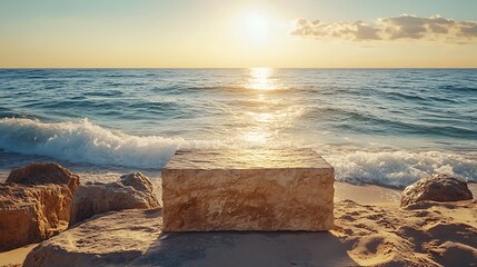 Bright sunlit stone podium on a sandy shore with ocean waves behind ideal for advertising