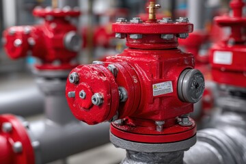 A vibrant red fire suppression valve assembly with multiple connections, set against a blurred industrial backdrop of pipes and valves, creating a strong contrast