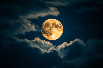 Ethereal beauty of a full moon surrounded by dramatic swirling clouds