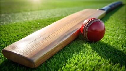 Cricket Bat and Ball on Green Field