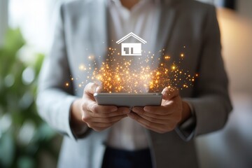 Business professional using a tablet with a glowing house icon, showcasing digital real estate services