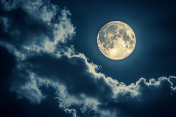 Celestial sphere scene of a radiant moon shining in a clouded night sky
