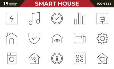 Smart house Line icon set. Sustainable development. Contains such icons as renewable energy, autonomous building, air and water quality.