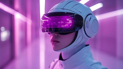 Futuristic woman wearing neon visor headset high resolution images