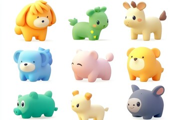 Naklejka premium Colorful 3D cartoon animal puzzle icon in pastel woodland tones, ultra high definition, isometric view with intricate details on a white background.