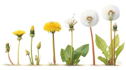 Detailed Growth Stages of Dandelions with Vibrant Colors and Textures against White Background