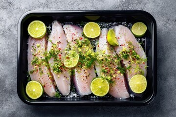 Herb seasoned catfish steaks with lime in a dish on a gray surface Quality image