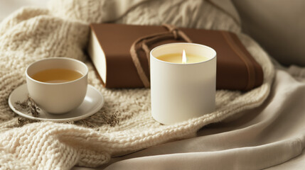 Minimalist Flat Lay of Self-Care Essentials with Journal, Candle, and Herbal Tea