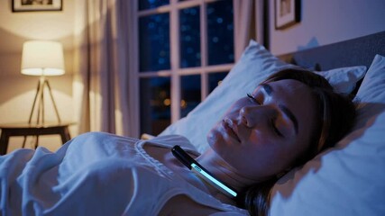 Woman sleeping with anti snoring device at night