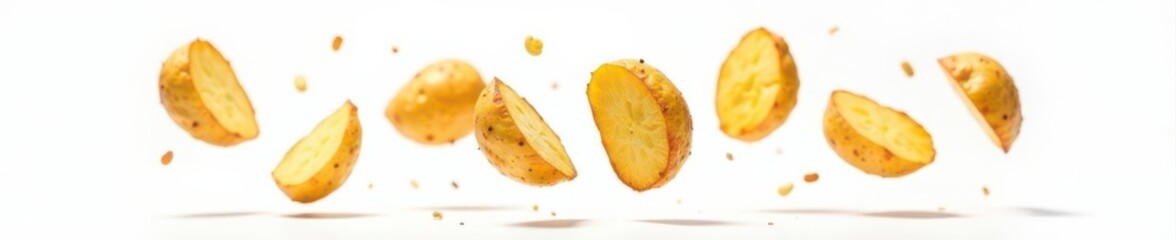 Golden-brown fried potatoes levitate against pure white backdrop , crispy fries, dinner, culinary
