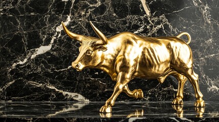 Golden bull statue charging forward with dynamic movement, symbolizing stock market growth, financial success and economic prosperity, isolated with copy space.