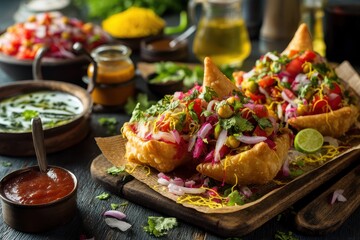 Indian Pakistani street food samosas with chana chaat yogurt salad onion and healthy sauce