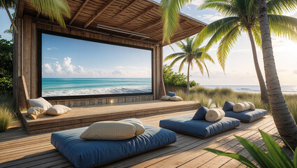 Obraz premium Luxury beachfront cinema experience with comfortable loungers and stunning ocean view