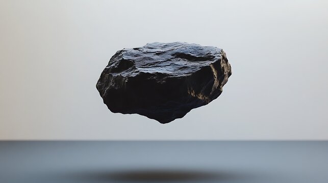 Raw rare stone floating in mid-air showcasing a rugged black meteorite texture against a white background