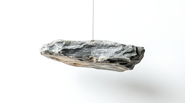 Suspended raw rare stone with cosmic meteorite characteristics isolated against a bright white background