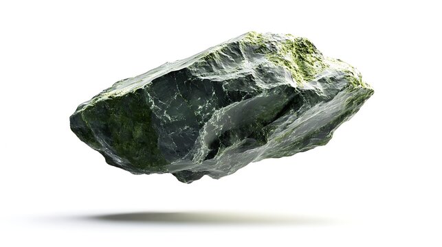 Suspended raw rare stone with cosmic meteorite characteristics isolated against a bright white background