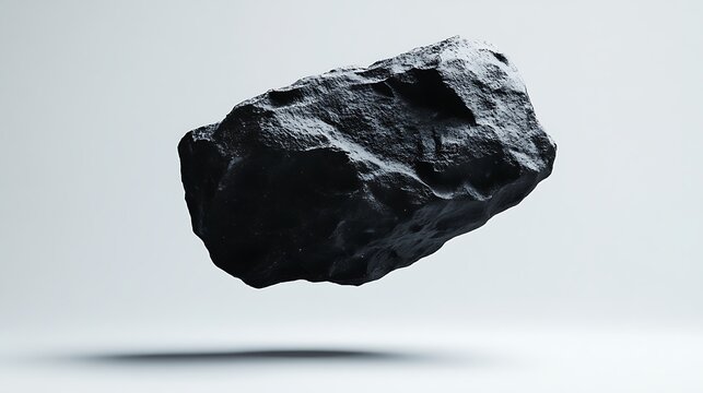 Isolated rare stone levitating in space with volcanic meteorite textures and deep black hues on white