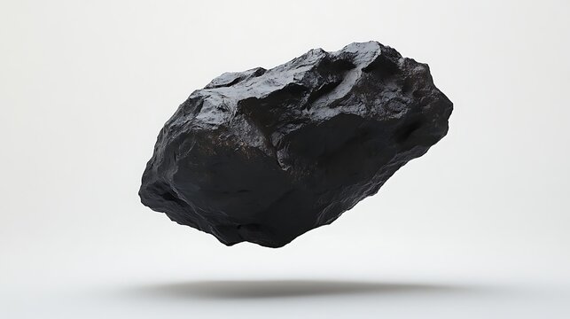 Dark rugged floating mineral rock resembling a meteorite suspended against a white void