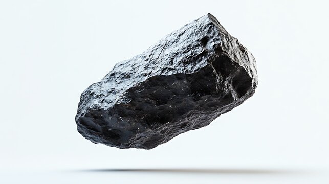 Isolated rare stone levitating in space with volcanic meteorite textures and deep black hues on white