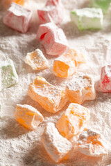 Traditional Turkish sweets, different types of lokum on kitchen paper
