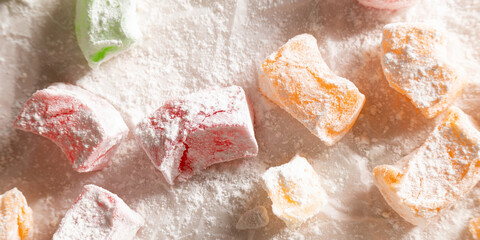 Traditional Turkish sweets, different types of lokum on kitchen paper
