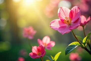 Obraz premium Sunlight illuminating colorful spring blossoms, close-up view , orange, ray, flora