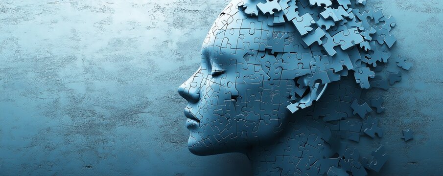 Abstract blue fragmented head sculpture.  Mind, thought, concept.