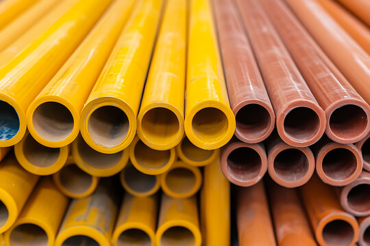 Stacked colored pipes: A vibrant collection of yellow and terracotta pipes stacked together, creating a vivid and eye-catching industrial arrangement.