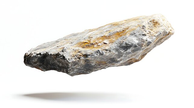 Textured cosmic stone floating mid-air displaying raw meteorite patterns and mineral deposits on white