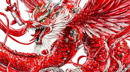 Fierce red dragon sculpture, vibrant colors, intricate details, isolated white background, fantasy art