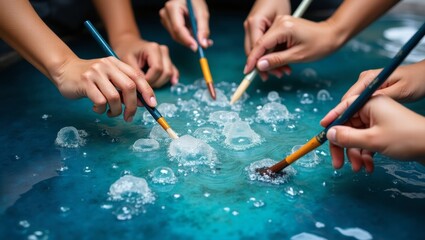 Serene Water Painting: Hands Gently Touching Bubbles with Brushes