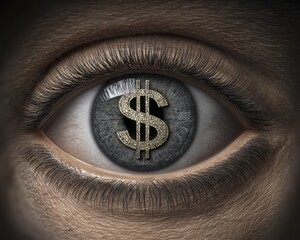 Intense eye, dollar sign pupil reflection, financial preoccupation, materialism, consumerism - dollar finance ambition greed