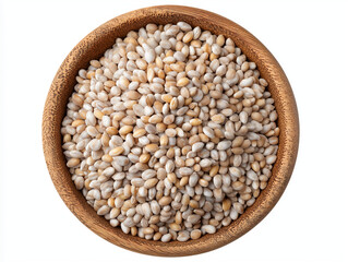 Fototapeta premium pearl barley in a wooden bowl, isolated on a white background with a clipping path, top view