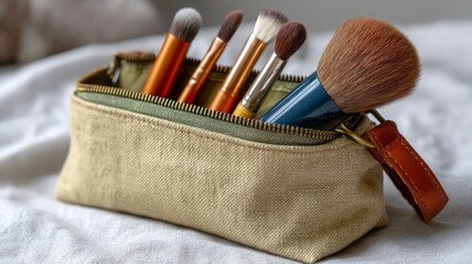 Beauty Tools and Makeup Brushes in Fabric Pouch on Soft Surface for Cosmetic Use