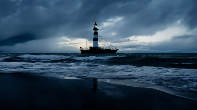 Dolly in video of a solitary lighthouse silhouette mirrored in a dark bay, dramatic sky, crashing waves. Haunting atmosphere