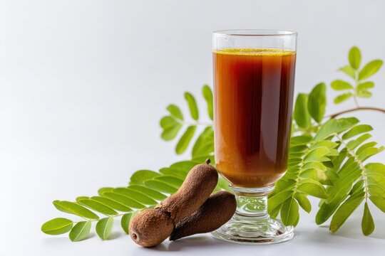 Isolated glass of ripe tamarind juice with leaves against a white background featuring space for text