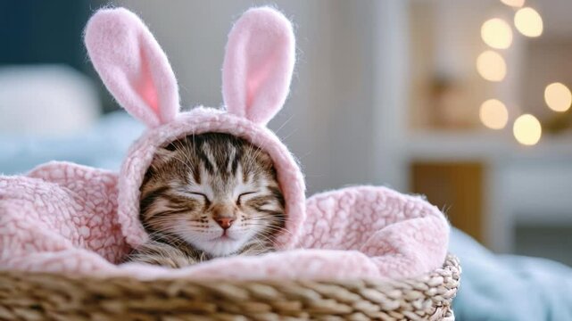 Cute Cat Wearing Bunny Ears in Cozy Basket with Soft Blanket in Bright Room Setting