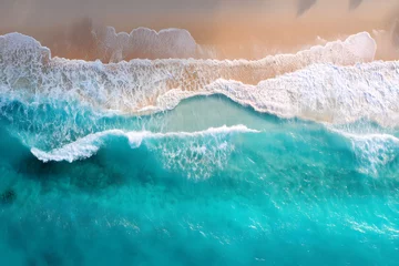 Selbstklebende Fototapeten Aerial View Tropical Beach with Ocean Waves and Palm Trees © Jiajia