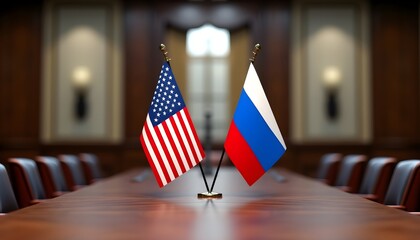Diplomatic setting: US and Russian flags on the negotiating table in an empty negotiating room as symbols of international relations