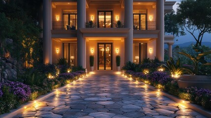 Obraz premium Illuminated Luxury Mansion Entrance at Dusk