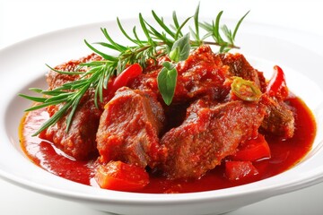 Fototapeta premium Isolated meat in tomato sauce with seasonings