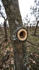 Closeup reveals the textured bark and a neatly pruned branch on an orchard tree