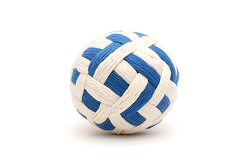 Obraz premium Woven Ball: A sphere intricately woven with blue and cream-colored strands, creates a textured, visually appealing design on a clean, white background.