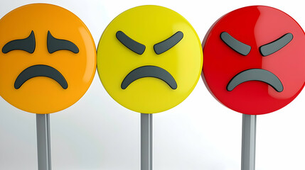 Sad, angry, furious emoticon faces on sticks; feedback, survey, rating concept; white background