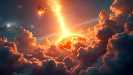 Fototapeta premium Compelling Cosmic Scene of a Primordial Explosion Unleashing Vast Energies and Igniting Radiant Space Clouds in Turbulent Phenomena