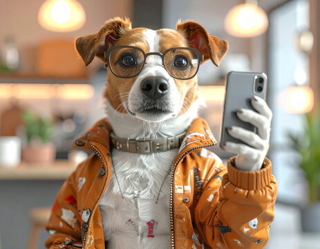 An animal dog fashion blogger with phone in the trendy clothes