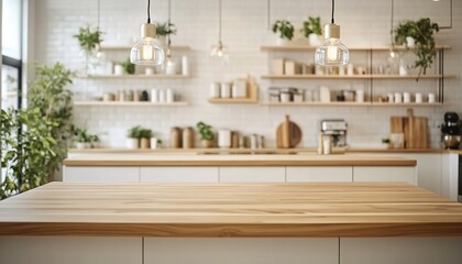 Modern kitchen with wooden countertops white cabinets pendant lights.